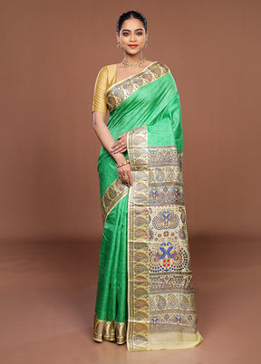 Green Printed Silk Saree Without Blouse Piece