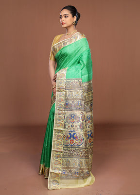 Green Printed Silk Saree Without Blouse Piece