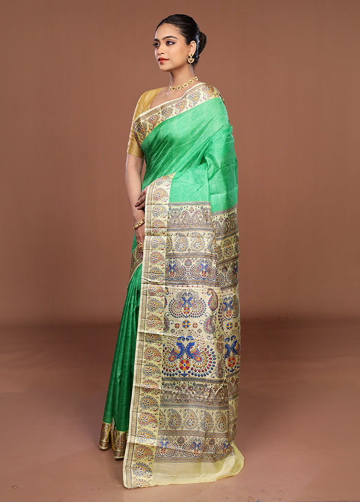 Green Printed Silk Saree Without Blouse Piece