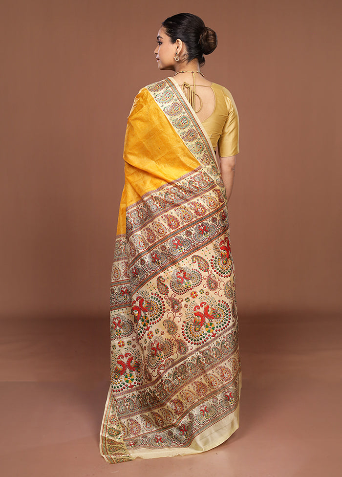 Yellow Printed Pure Silk Saree Without Blouse Piece