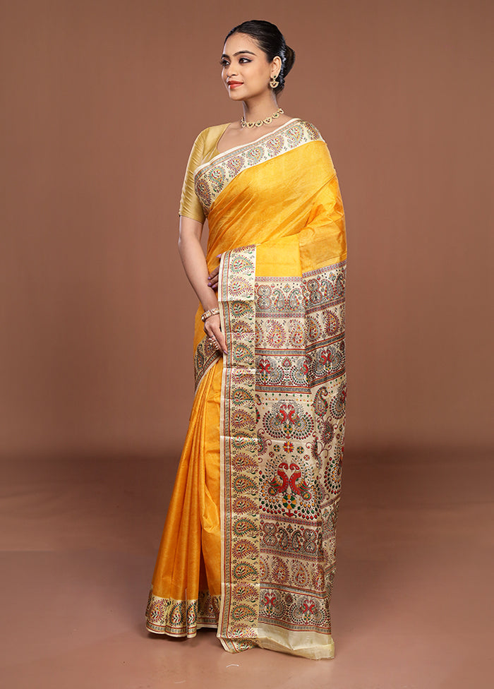 Yellow Printed Pure Silk Saree Without Blouse Piece