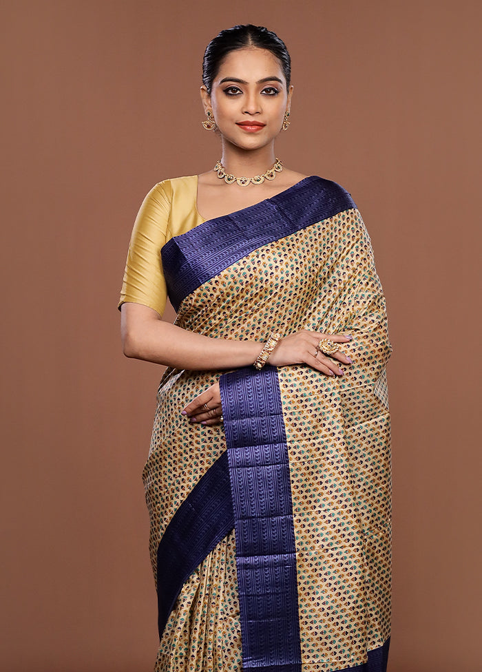 Cream Printed Silk Saree Without Blouse Piece