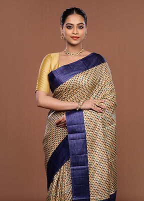Cream Printed Silk Saree Without Blouse Piece
