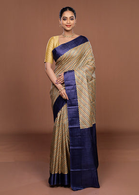Cream Printed Silk Saree Without Blouse Piece