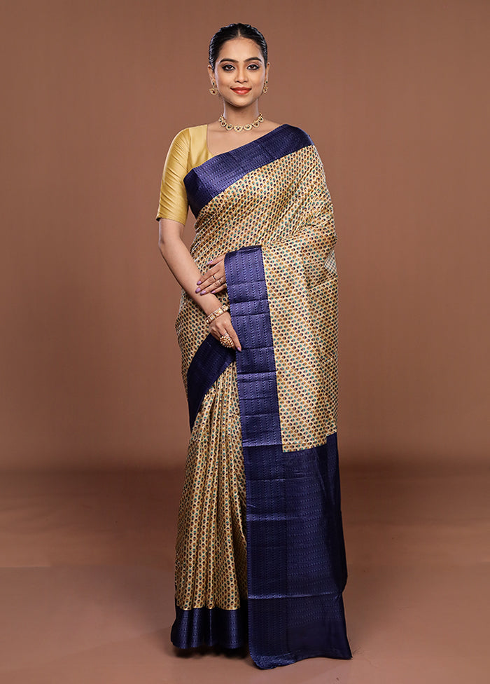 Cream Printed Silk Saree Without Blouse Piece