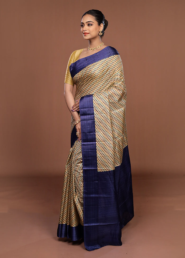 Cream Printed Silk Saree Without Blouse Piece
