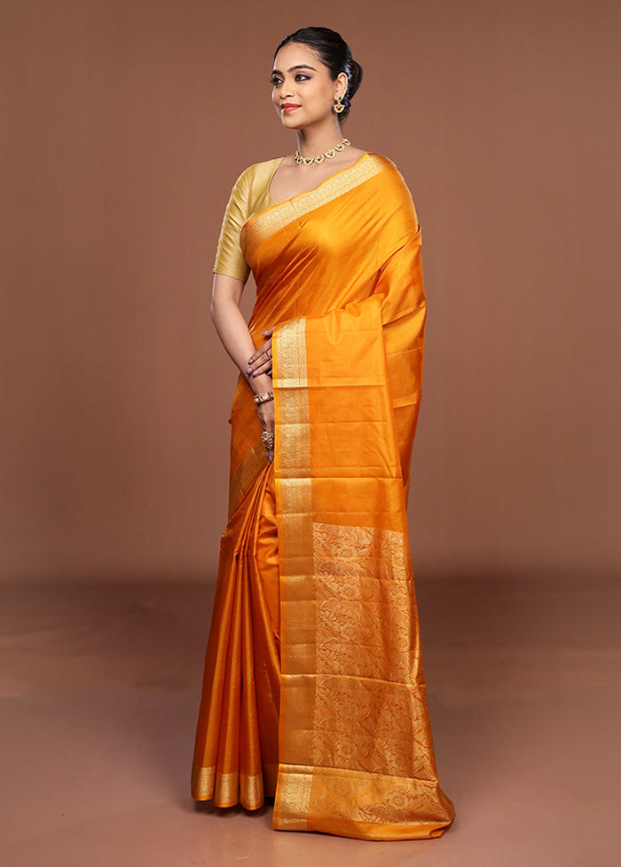 Yellow Printed Pure Silk Saree Without Blouse Piece