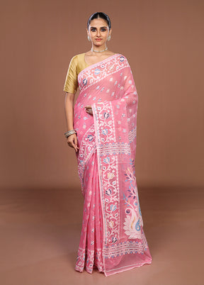 Pink Jamdani Cotton Saree Without Blouse Piece