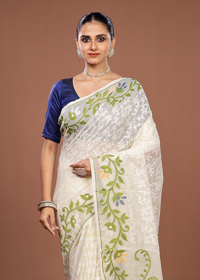 White Jamdani Cotton Saree Without Blouse Piece