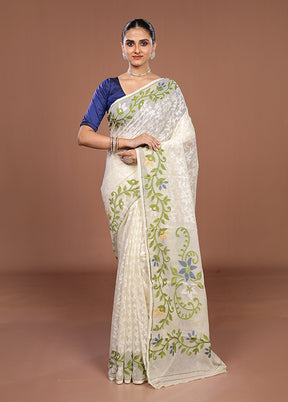 White Jamdani Cotton Saree Without Blouse Piece