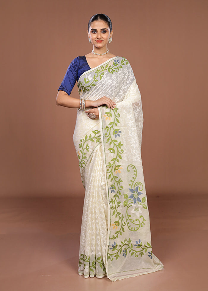 White Jamdani Cotton Saree Without Blouse Piece