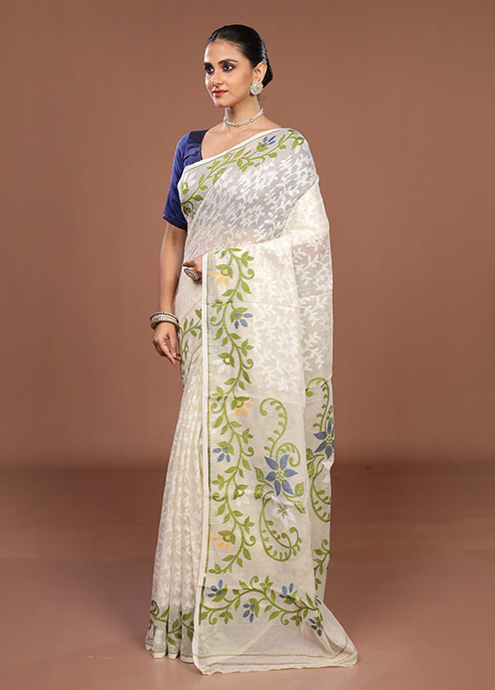 White Jamdani Cotton Saree Without Blouse Piece