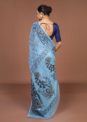 Blue Jamdani Cotton Saree Without Blouse Piece