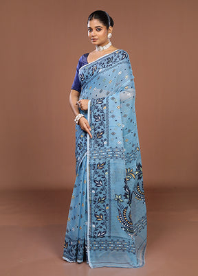 Blue Jamdani Cotton Saree Without Blouse Piece