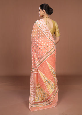Peach Jamdani Cotton Saree Without Blouse Piece