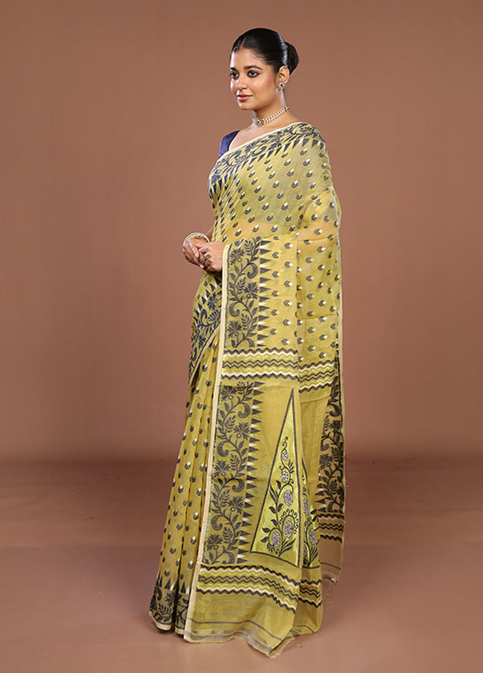 Yellow Jamdani Cotton Saree Without Blouse Piece