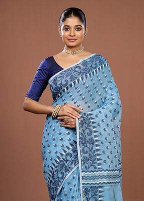 Blue Jamdani Cotton Saree Without Blouse Piece