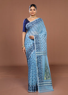 Blue Jamdani Cotton Saree Without Blouse Piece