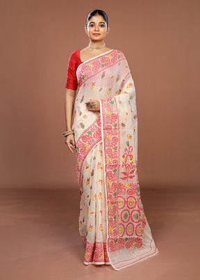 Cream Jamdani Cotton Saree Without Blouse Piece