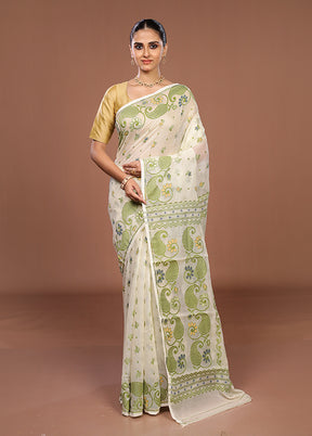 Cream Jamdani Cotton Saree Without Blouse Piece