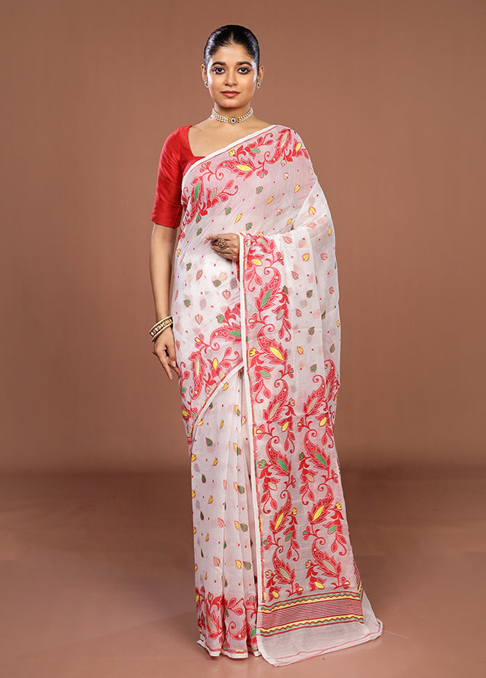 White Jamdani Cotton Saree Without Blouse Piece