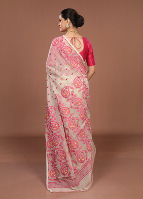 Cream Jamdani Cotton Saree Without Blouse Piece