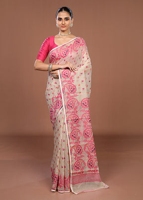 Cream Jamdani Cotton Saree Without Blouse Piece