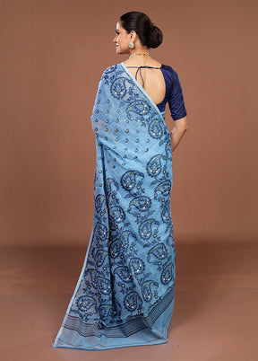 Blue Jamdani Cotton Saree Without Blouse Piece