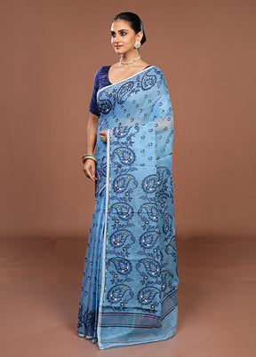 Blue Jamdani Cotton Saree Without Blouse Piece