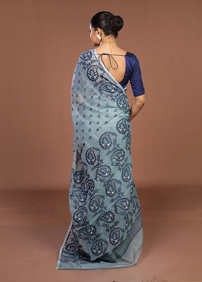 Blue Jamdani Cotton Saree Without Blouse Piece
