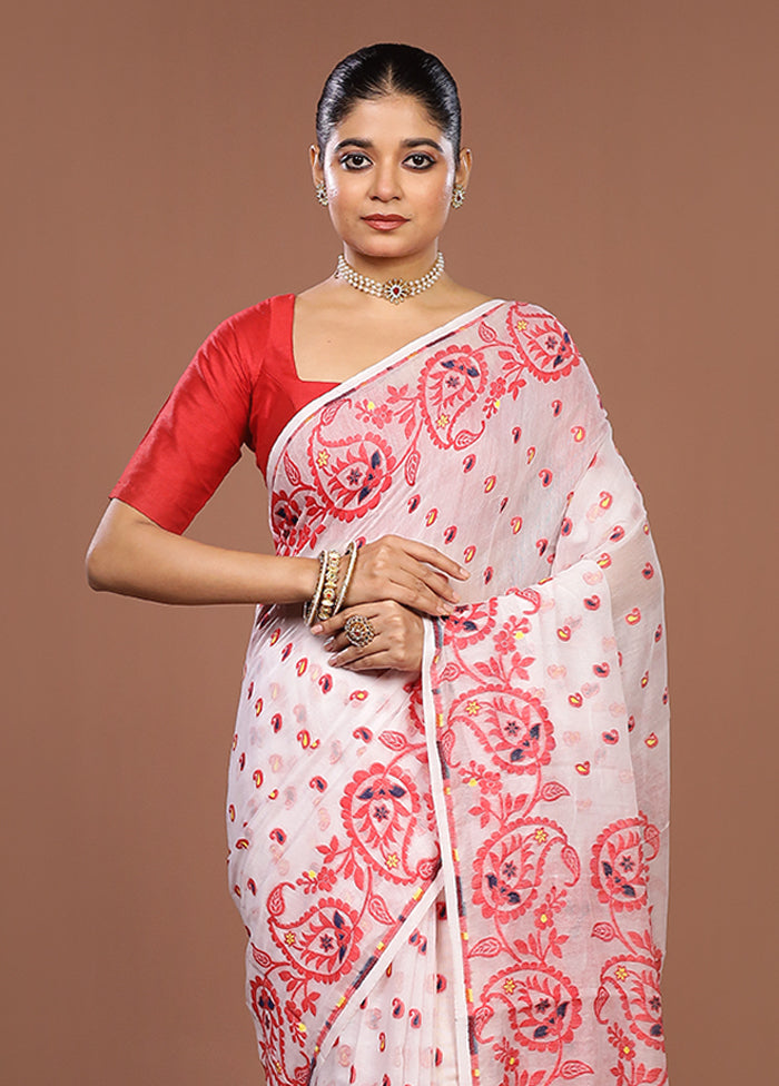 White Jamdani Cotton Saree Without Blouse Piece