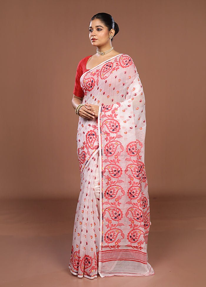 White Jamdani Cotton Saree Without Blouse Piece