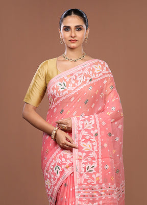 Pink Jamdani Cotton Saree Without Blouse Piece