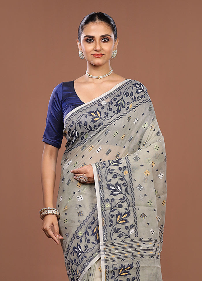 Grey Jamdani Cotton Saree Without Blouse Piece