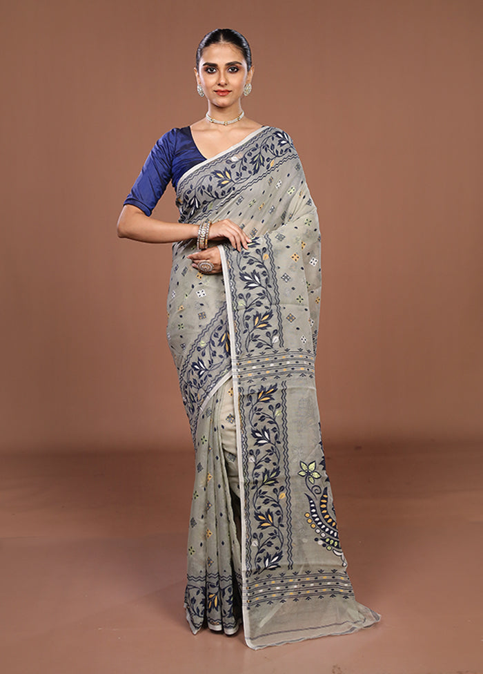 Grey Jamdani Cotton Saree Without Blouse Piece