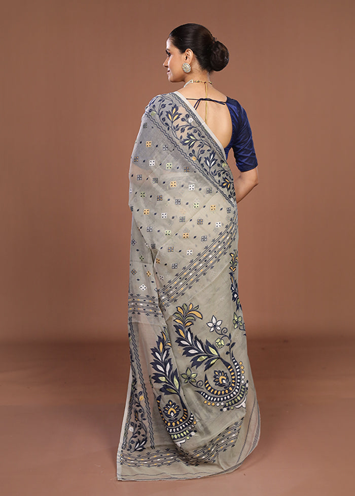 Grey Jamdani Cotton Saree Without Blouse Piece
