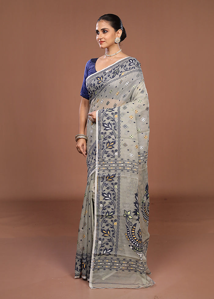 Grey Jamdani Cotton Saree Without Blouse Piece