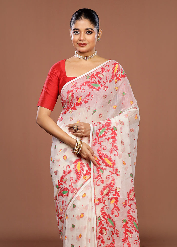 White Jamdani Cotton Saree Without Blouse Piece