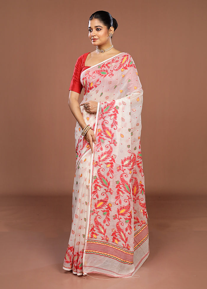 White Jamdani Cotton Saree Without Blouse Piece