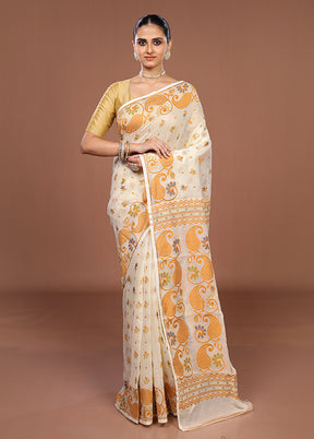 Cream Jamdani Cotton Saree Without Blouse Piece