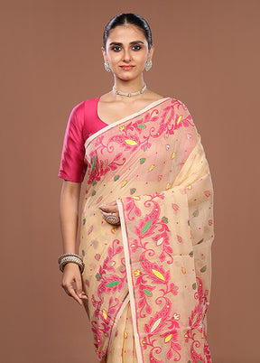 Cream Jamdani Cotton Saree Without Blouse Piece