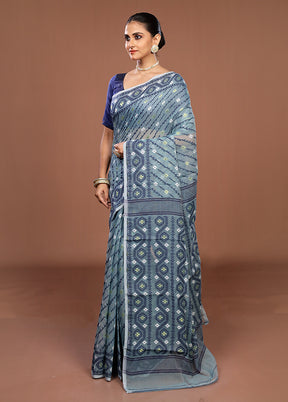Blue Jamdani Cotton Saree Without Blouse Piece
