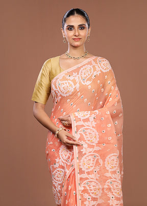 Peach Jamdani Cotton Saree Without Blouse Piece