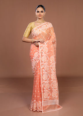 Peach Jamdani Cotton Saree Without Blouse Piece