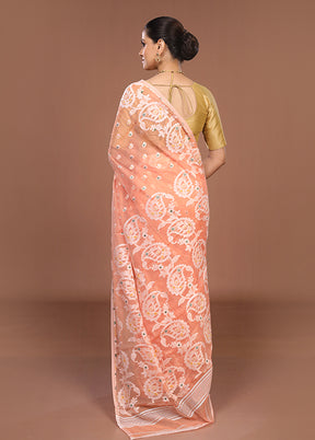 Peach Jamdani Cotton Saree Without Blouse Piece
