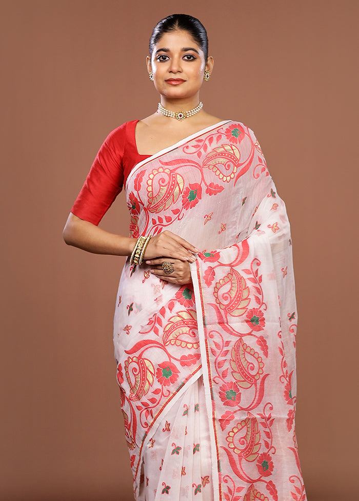 White Jamdani Cotton Saree Without Blouse Piece