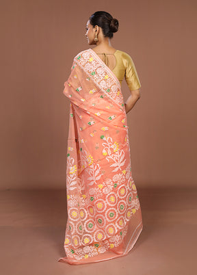 Peach Jamdani Cotton Saree Without Blouse Piece