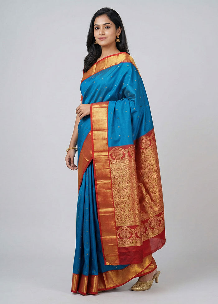 Blue Kanjivaram Silk Saree With Blouse Piece