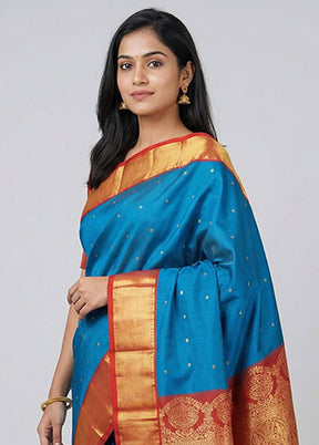 Blue Kanjivaram Silk Saree With Blouse Piece