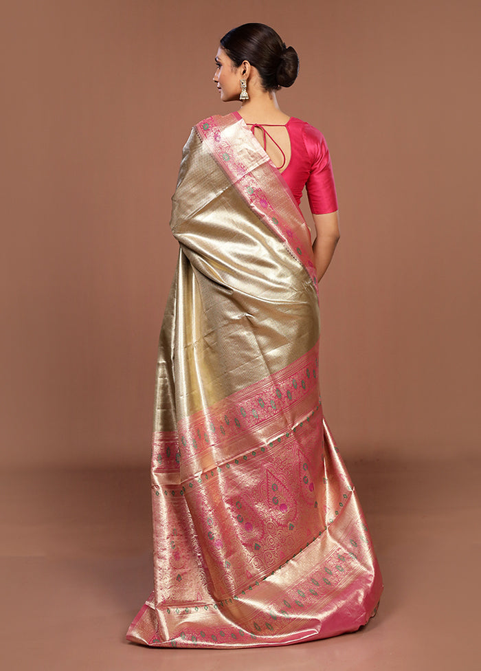 Gold Handloom Kanjivaram Pure Silk Saree With Blouse Piece